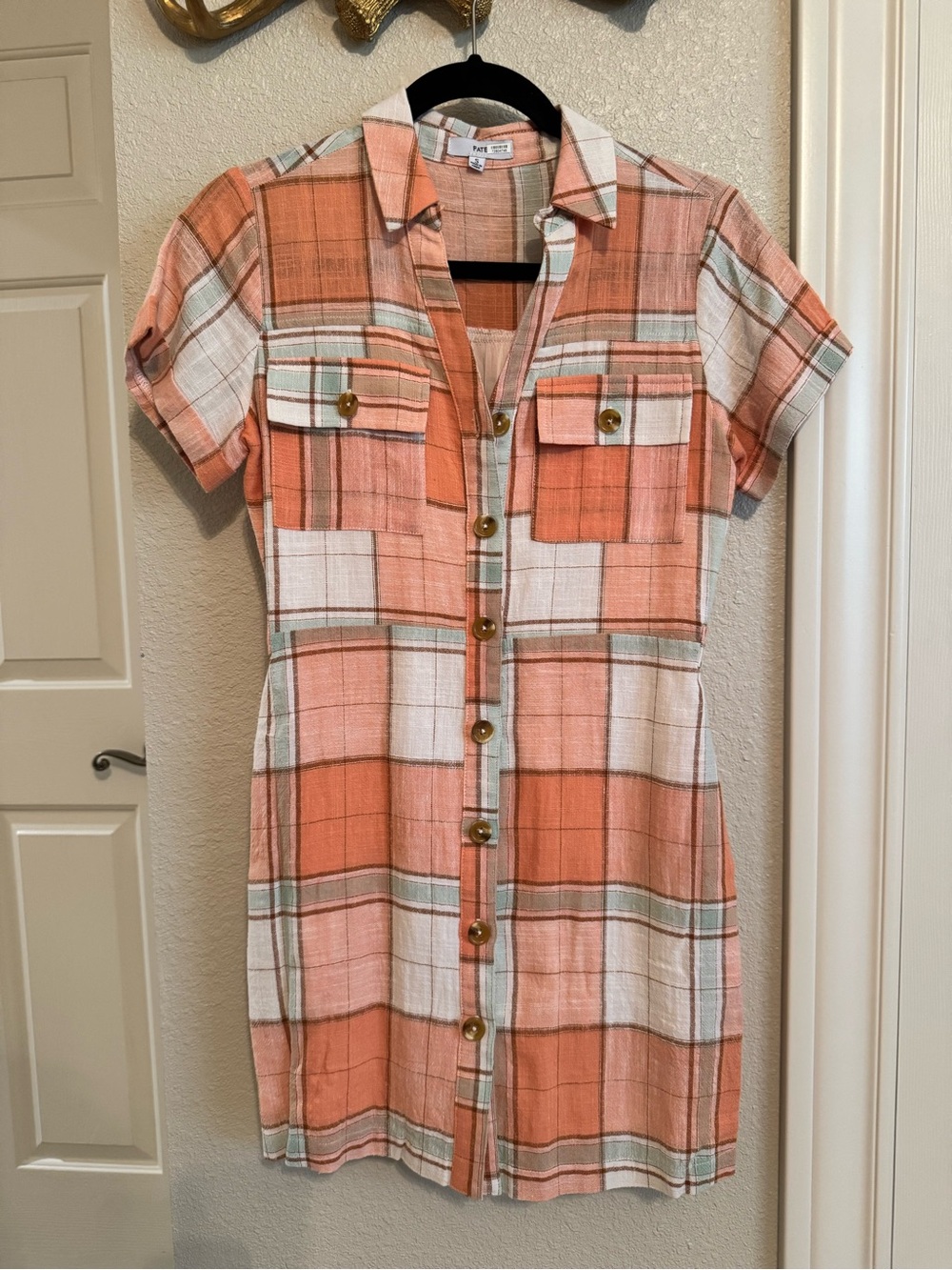 Fate Coral and White Plaid Button-Front Mini Dress